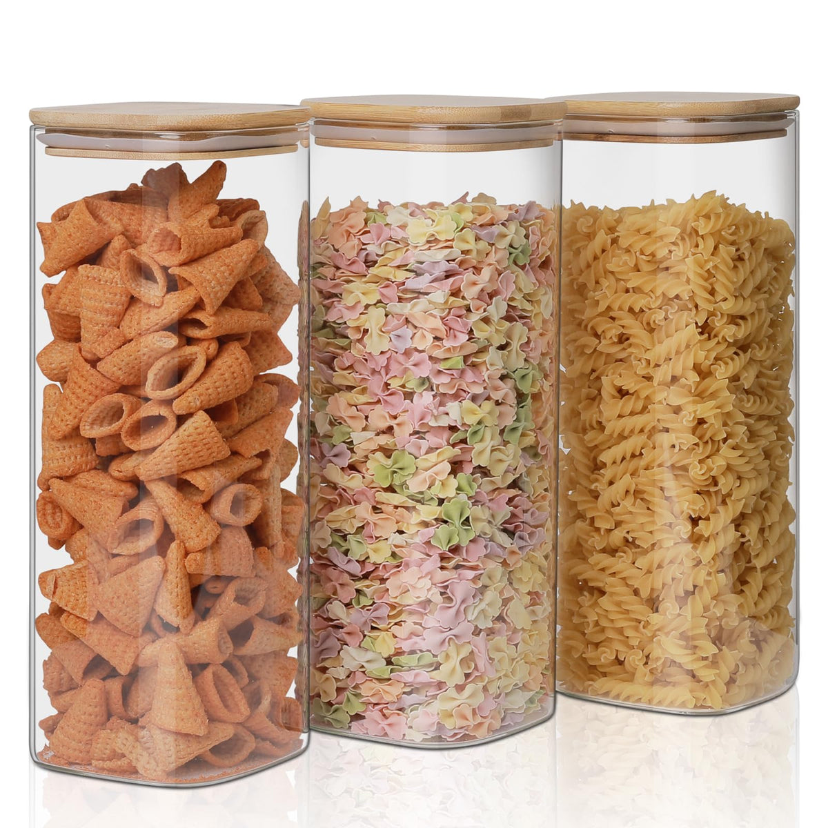 Liuruiyu 6 Pack Glass Food Storage Jars 37 oz,Glass Storage Containers Clear Glass Food Canister with Bamboo Lid Airtight For Serving Tea, Coffee, Flour, Sugar, Candy, Cookie, Spice and More (Square)