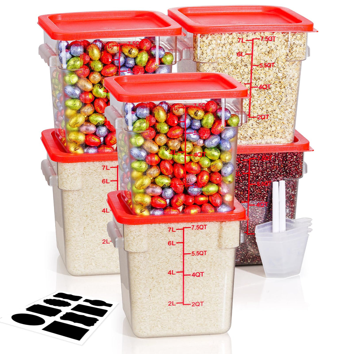 4QT 4PCS NSF Commercial Clear Food Storage Containers with Lids(RED)