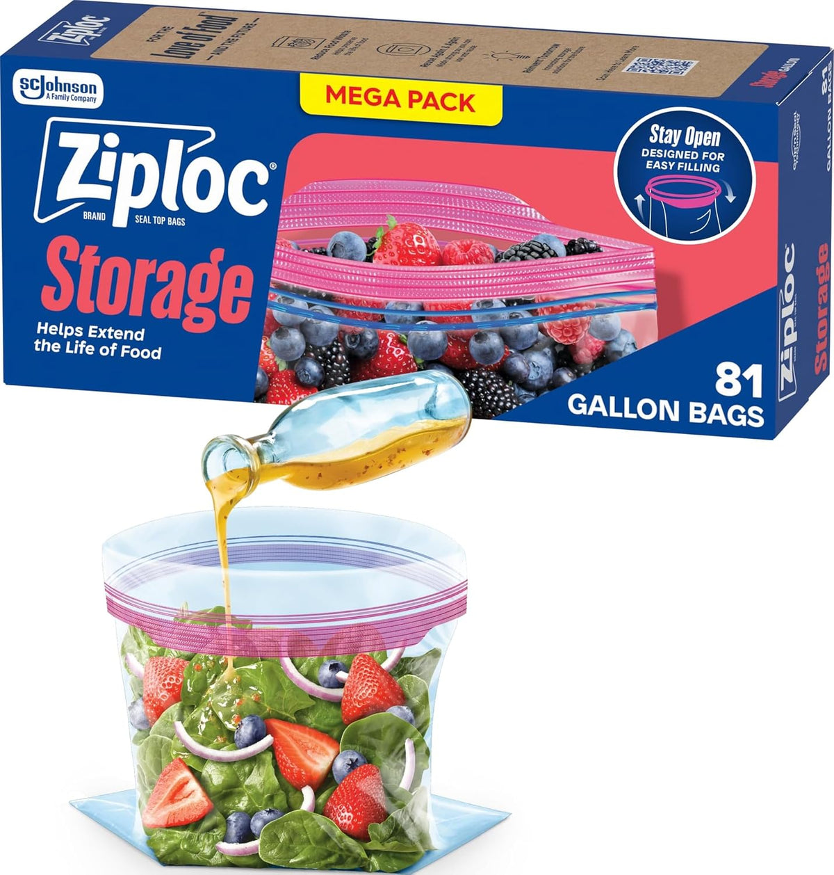 Ziploc Gallon Food Storage Bags, Stand-Up Bottom, 81 Count