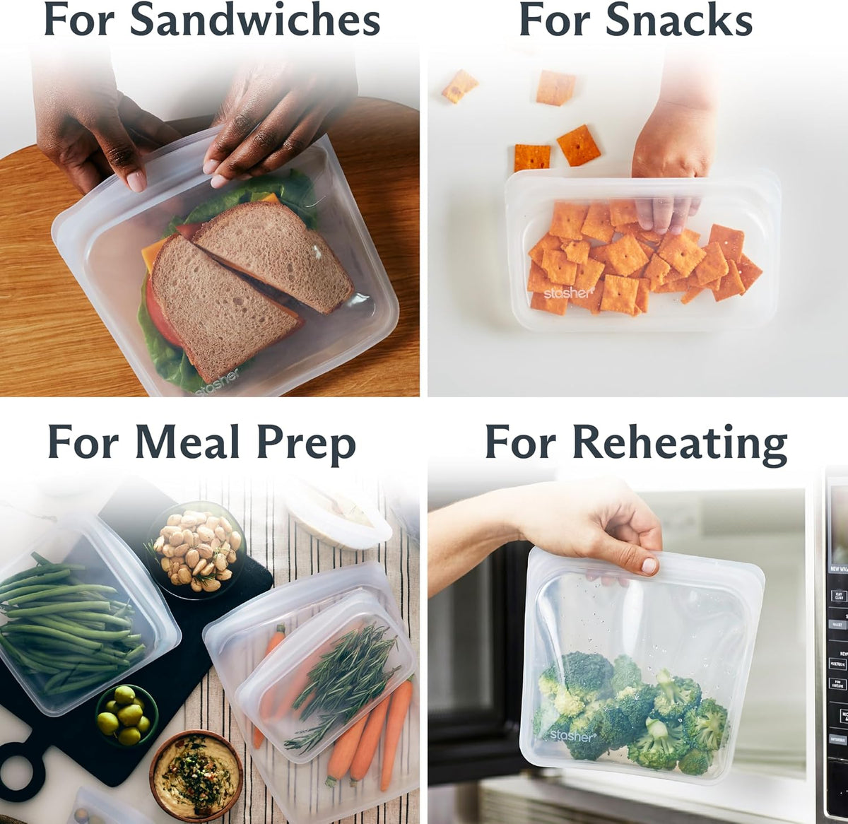 Stasher Premium Reusable Silicone Food Storage Bags, 4-Pack, Clear