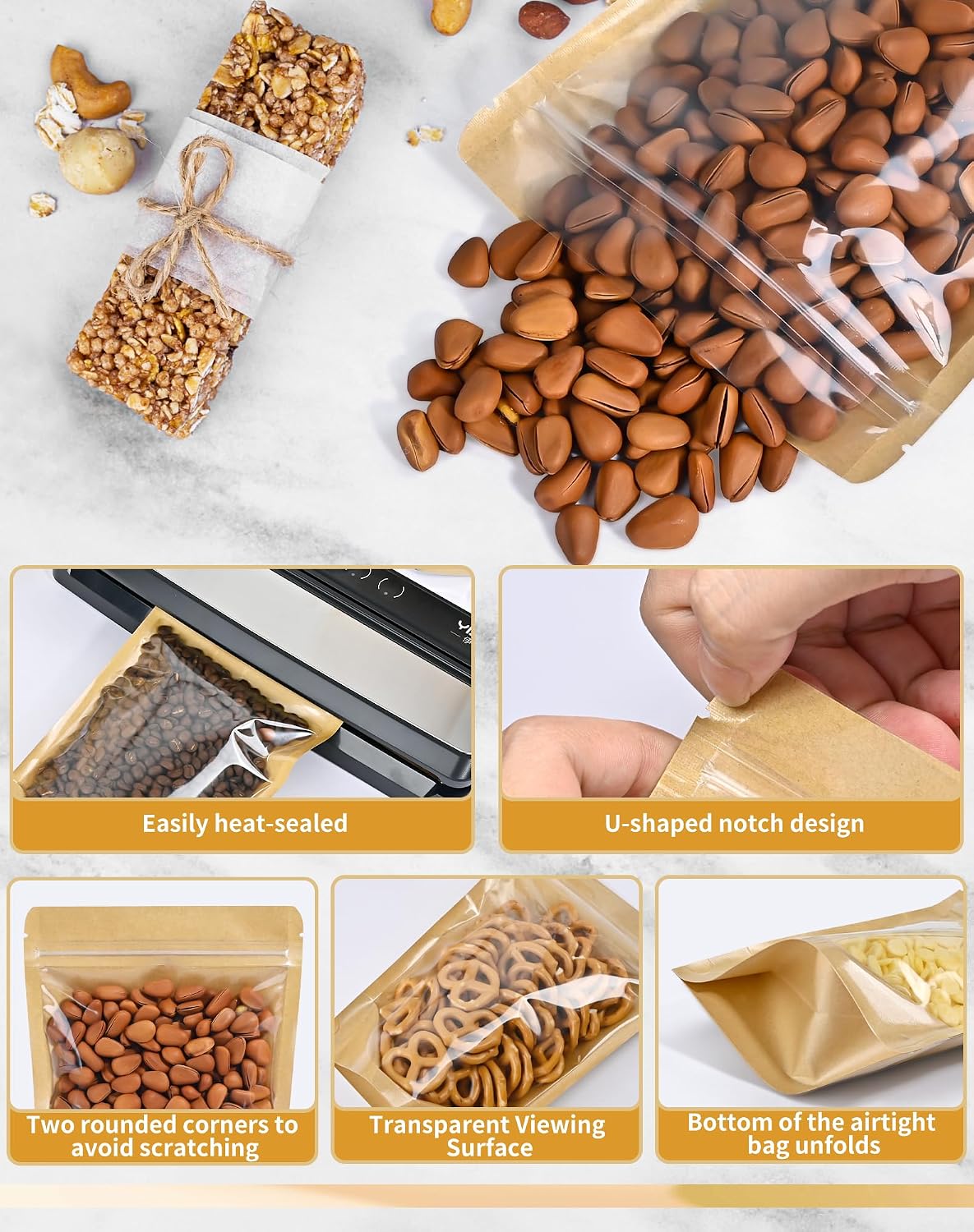 FireKylin 100 Pcs Resealable Bags, Clear Front Pouches, Brown, 3.5" x 5.5"