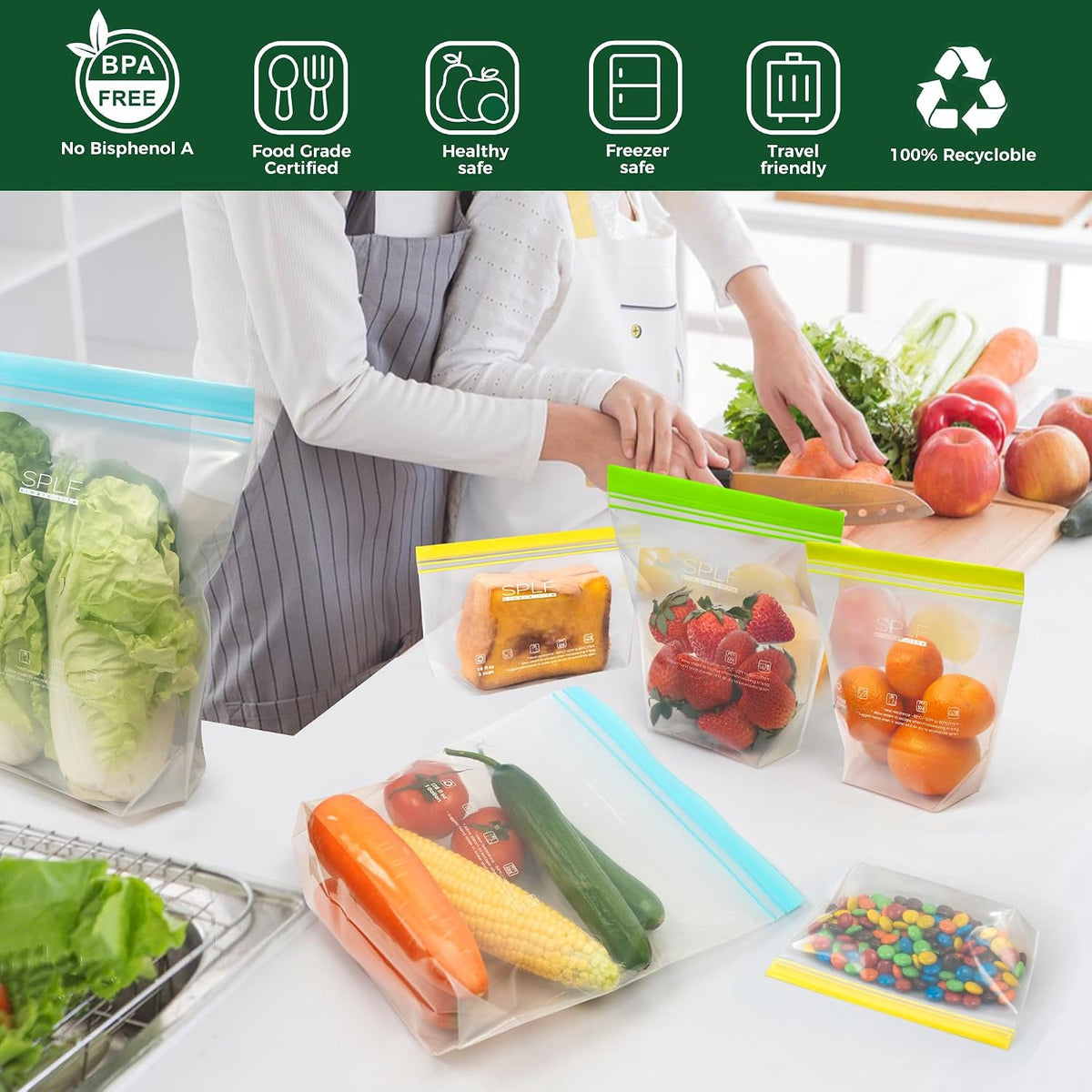 SPLF 32 Pack Reusable Food Storage Bags Dishwasher Microwave Safe