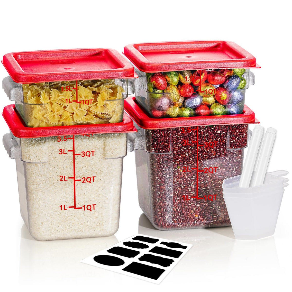 4QT 4PCS NSF Commercial Clear Food Storage Containers with Lids(RED)