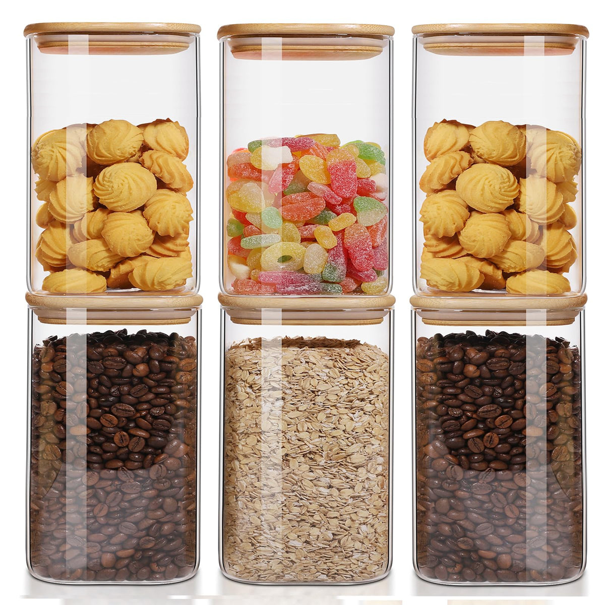 Liuruiyu 6 Pack Glass Food Storage Jars 37 oz,Glass Storage Containers Clear Glass Food Canister with Bamboo Lid Airtight For Serving Tea, Coffee, Flour, Sugar, Candy, Cookie, Spice and More (Square)