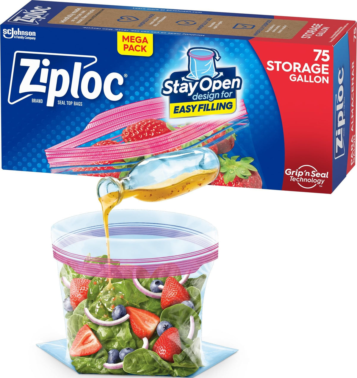 Ziploc Gallon Food Storage Bags, Stay Open Design with Stand-Up Bottom, Easy to Fill, 75 Count
