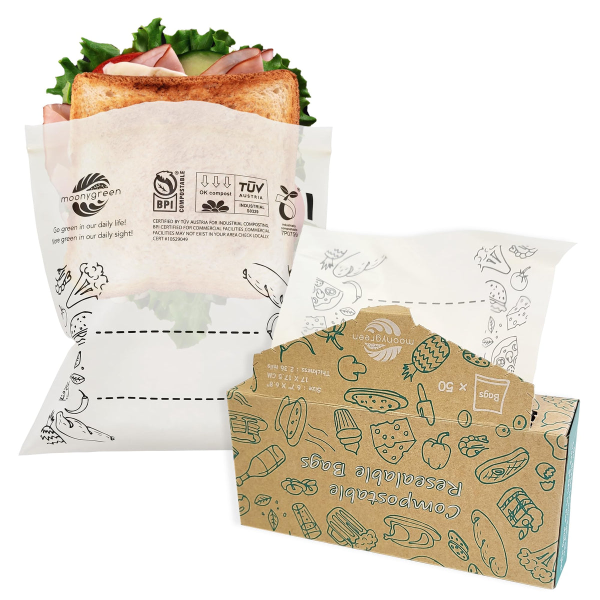 Compostable Food Storage Bags, Large Gallon Resealable Freezer Bags, 50 Count, 10.5 x 10.6 inches, PFAS & BPA FREE, Certified US BPI ASTM D6400 Europe OK Compost