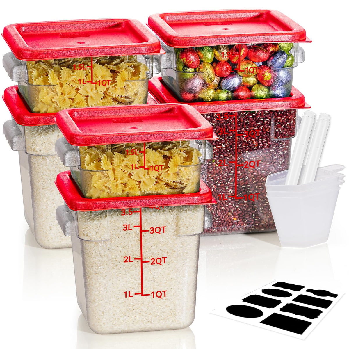 4QT 4PCS NSF Commercial Clear Food Storage Containers with Lids(RED)