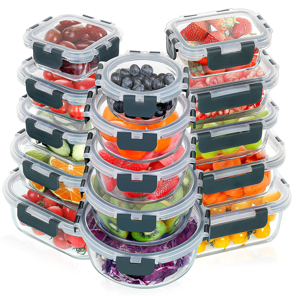 VERONES 30 Pieces Glass Food Storage Containers Set with Lids, Grey