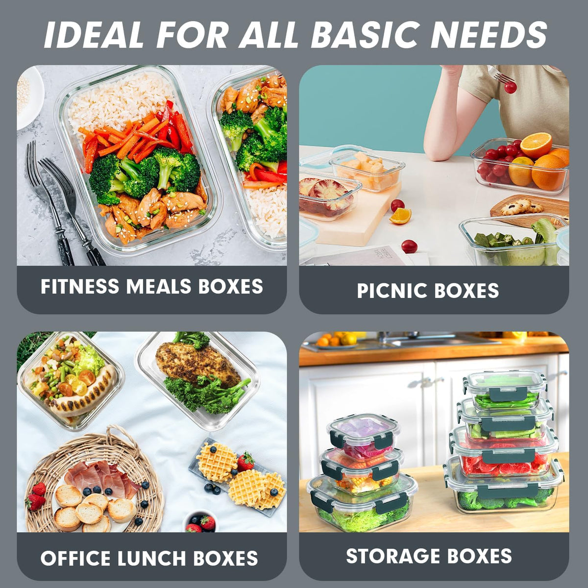 VERONES 30 Pieces Glass Food Storage Containers Set with Lids, Grey