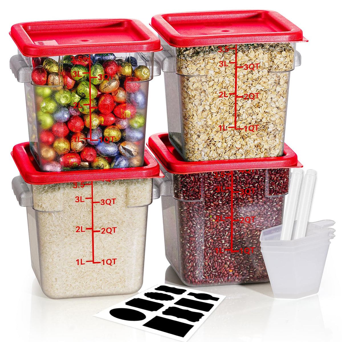 4QT 4PCS NSF Commercial Clear Food Storage Containers with Lids(RED)