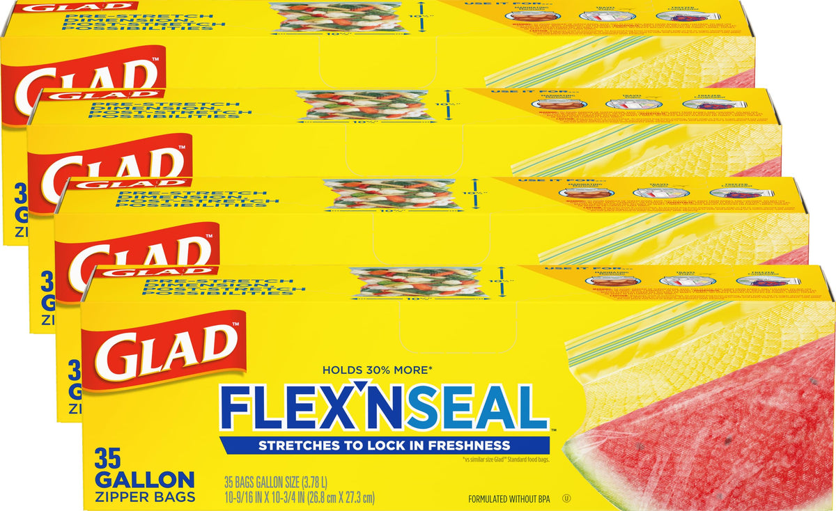 Glad Flex'N Seal Food Storage Plastic Bags, Quart, 38 count, Pack of 4 (Package May Vary)