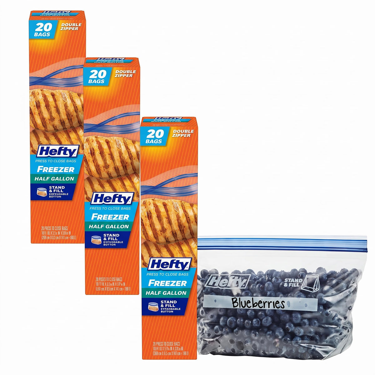 Hefty Press to Close Freezer Bags, Half Gallon Size, 20ct
