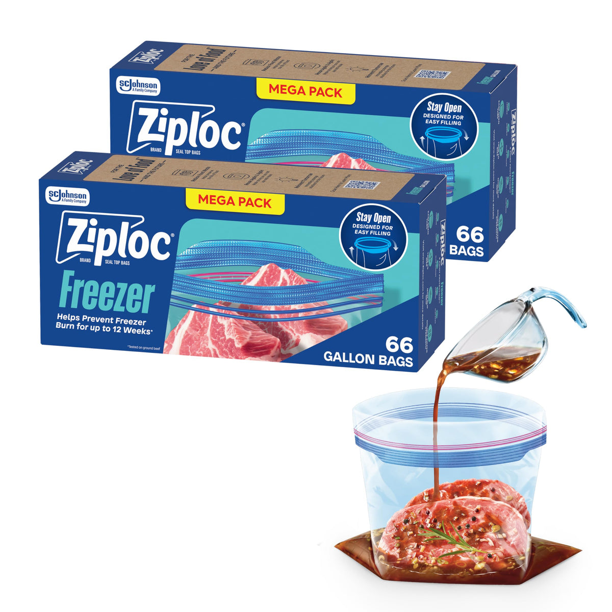 Ziploc Gallon Freezer Bags, Food Storage, Stand-Up Bottom, 66 Count