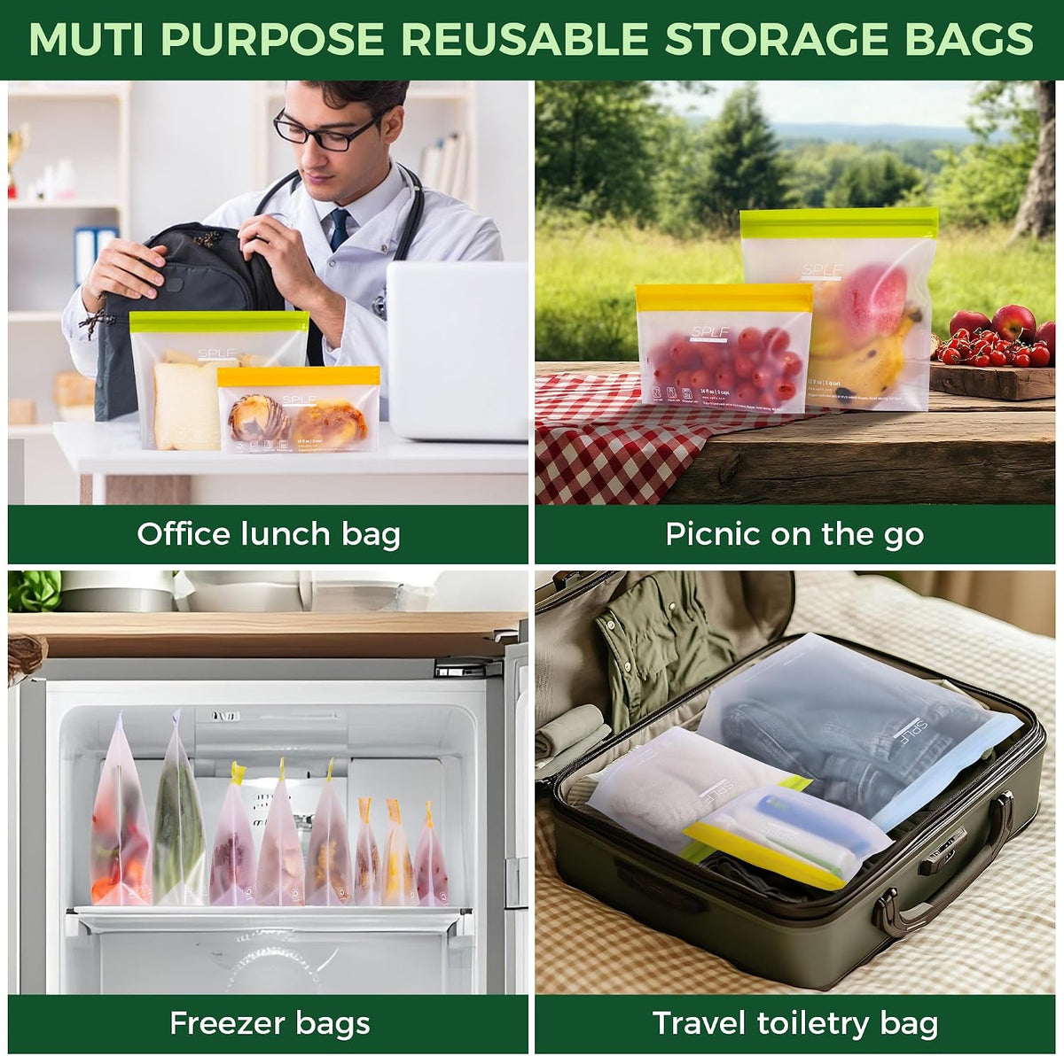 SPLF 10 Pack Stand-Up Reusable Quart Freezer Bags Dishwasher Safe