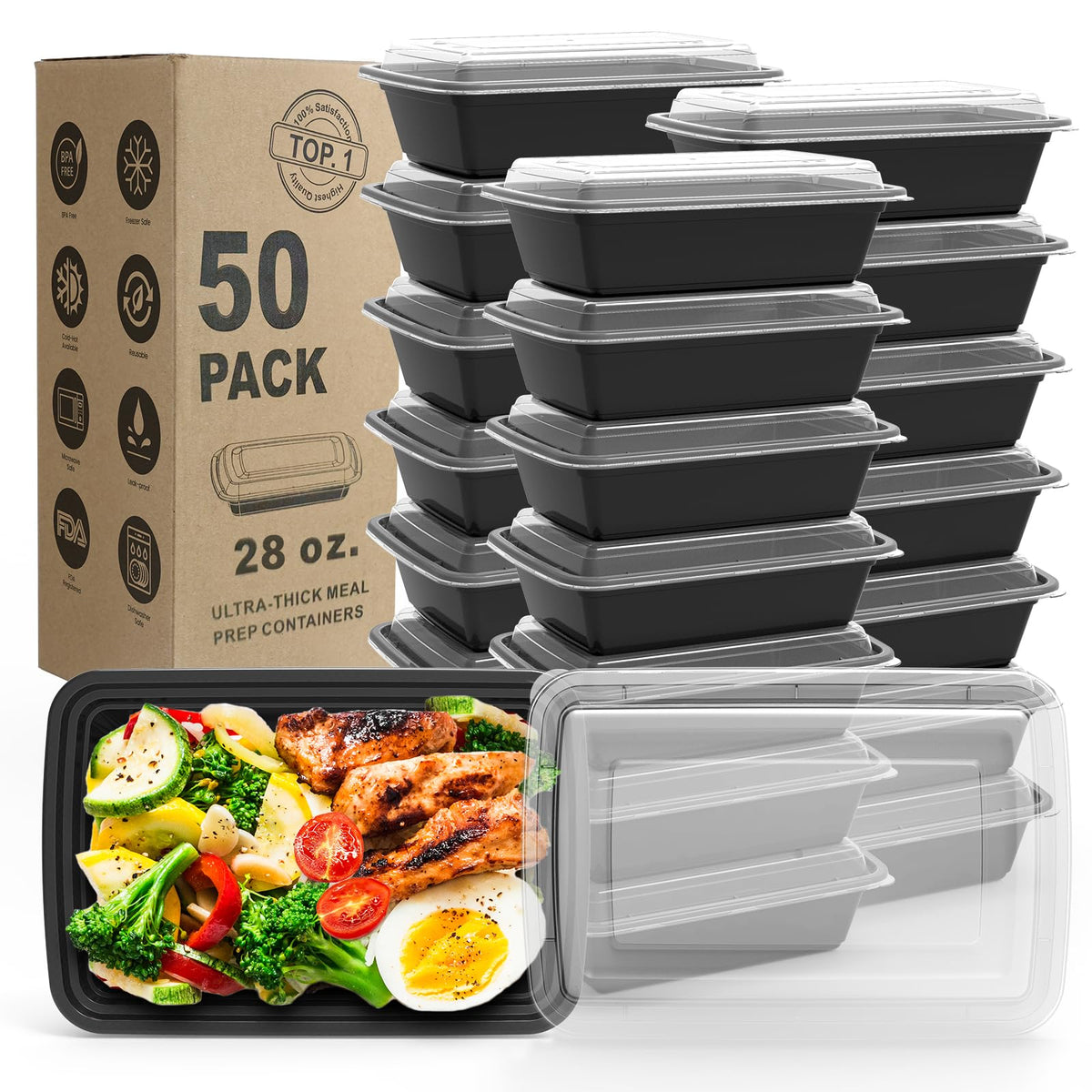 Meal Prep Containers, 50 Pack Extra-thick Food Storage Containers with Lids, Disposable & Reusable Plastic Bento Lunch Box, BPA Free, Stackable, Microwave/Dishwasher/Freezer Safe (24 oz)