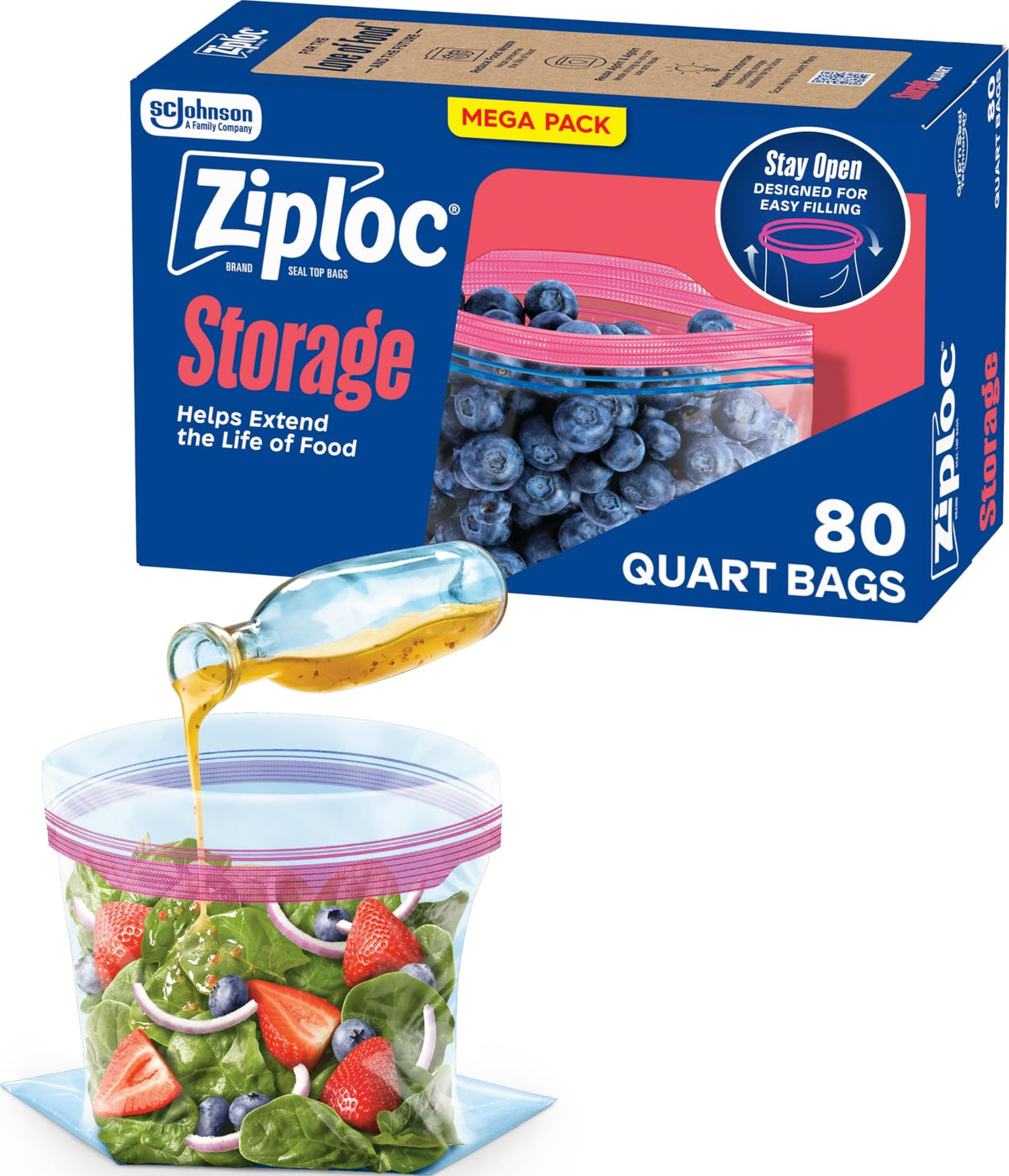 Ziploc Storage Bags, For Food, Sandwich, Organization and More, Smart Zipper Plus Seal, Quart, 80 Count, Clear (665021)