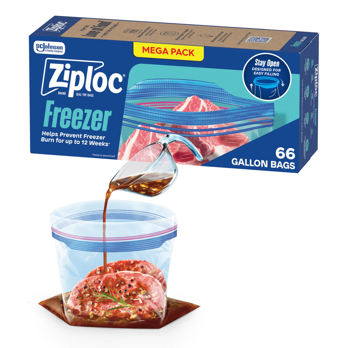 Ziploc Gallon Freezer Bags, Food Storage, Stand-Up Bottom, 66 Count