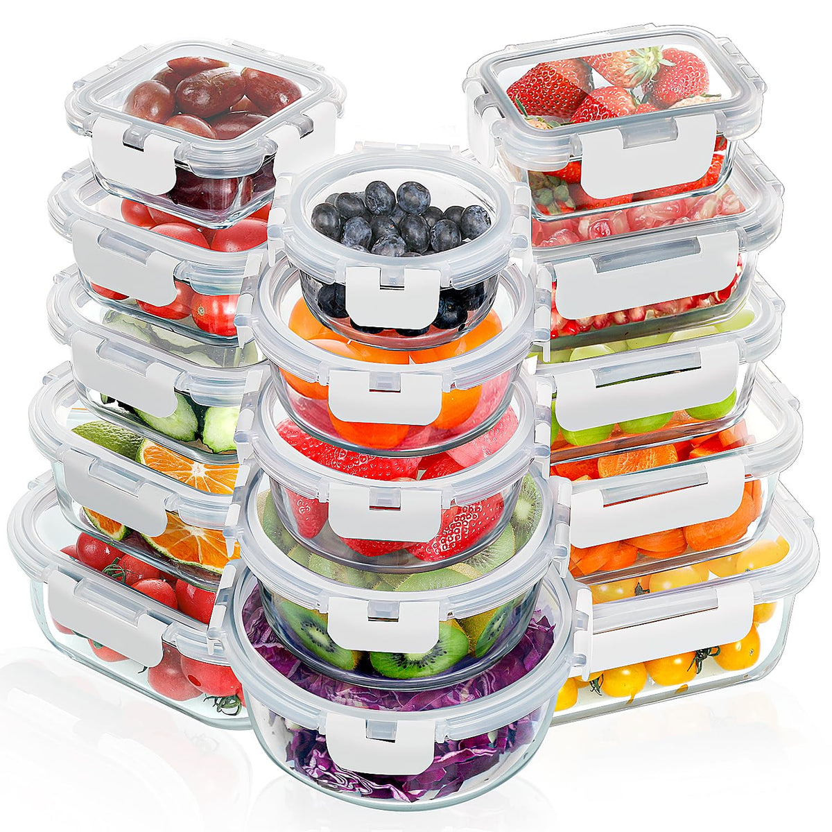 VERONES 30 Pieces Glass Food Storage Containers Set with Lids, Grey