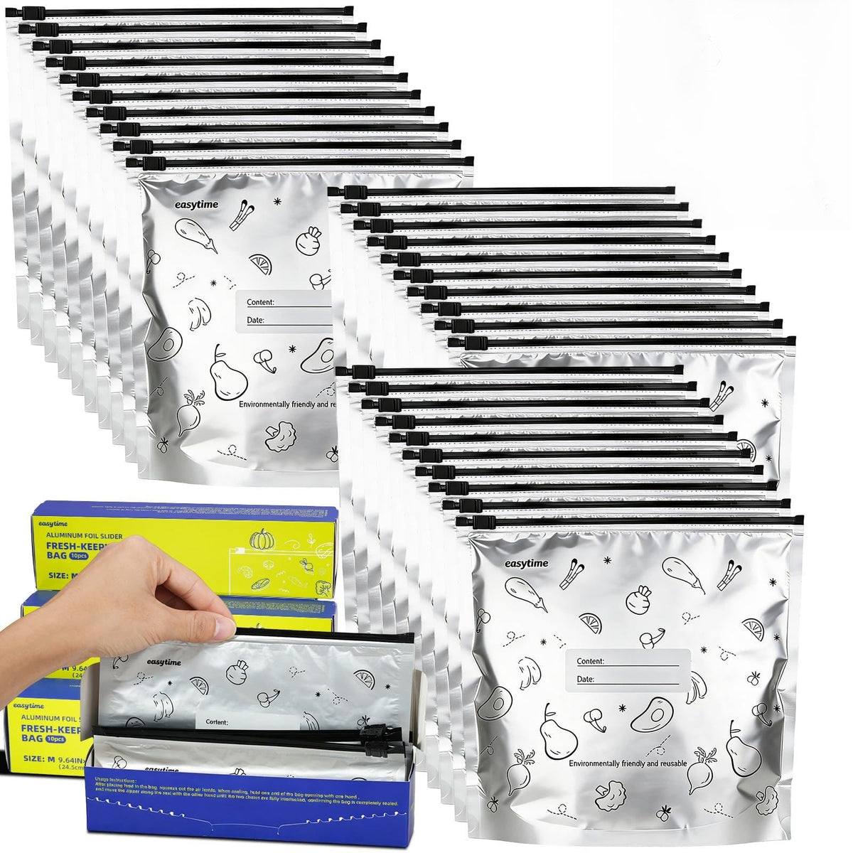 30 Pcs Reusable Aluminum Foil Sealable Storage Bags, 3 Sizes Reusable Freezer Bags, Thicken Stand Up Zipper Aluminum Foil Bags with Label for Food Meat Seafood Vegetables (S+M+L)