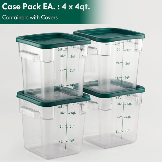 CURTA 4 Pack Food Storage Container with Green Lid - NSF Commercial Grade in 4.0 Qt - Square, Clear, Polycarbonate