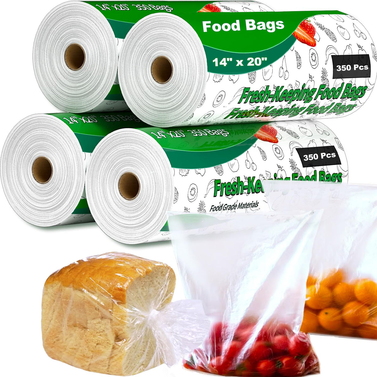 Food Bags, 14" X 20" Plastic Produce Bags Roll, Fresh-Keeping Clear Plastic Bags for Food, Fruit, Vegetable, Bread, Kitchen, freezer, Supermarket, 350 Produce Bags/Roll (1 Rolls)