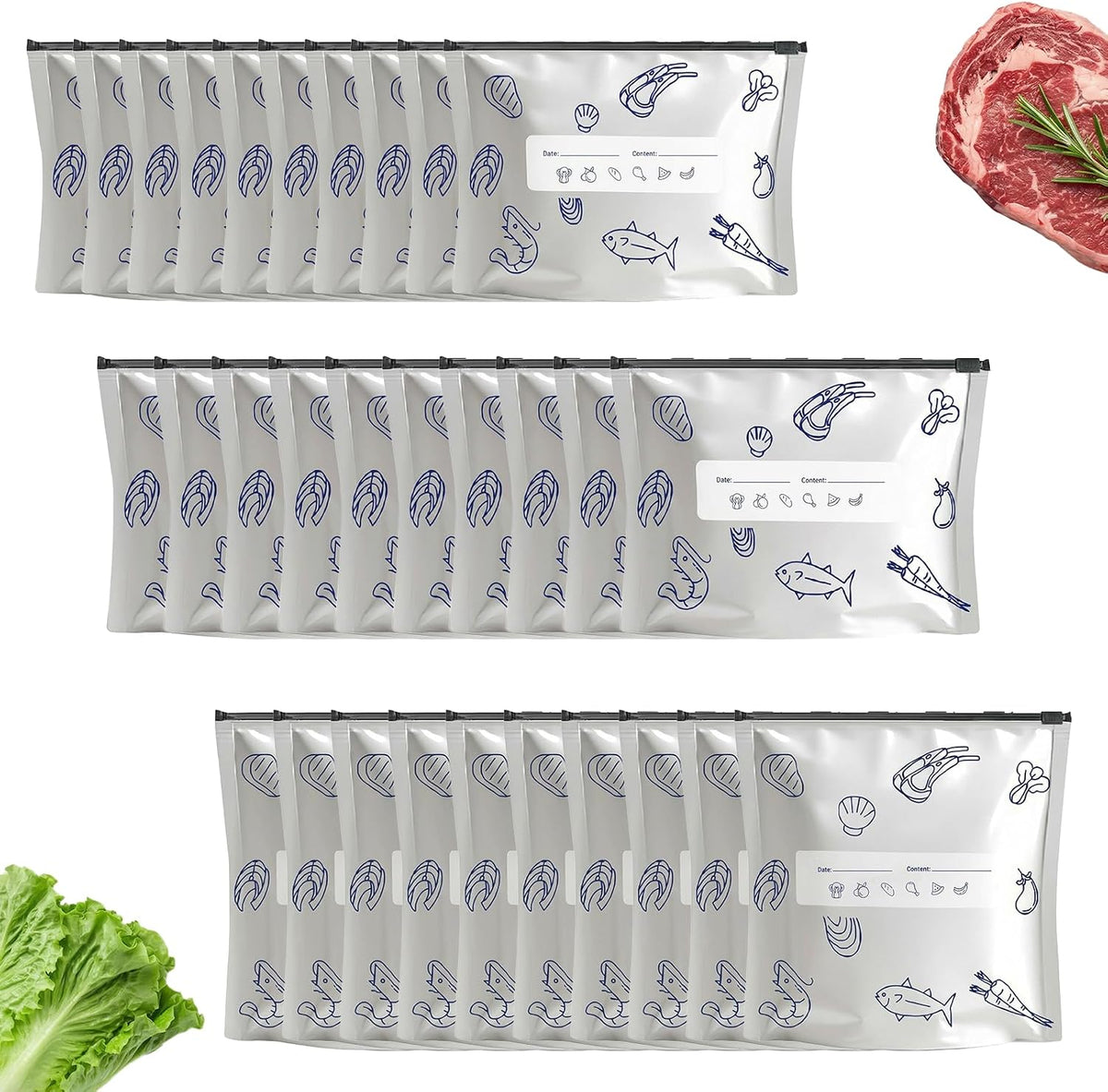 Reusable Aluminum Foil Sealable Storage Bags 30 Pcs, Thicken Stand Up Zip Lock Bags with Label for Food Vegetable Fruit Meat (10S+10M+10L)