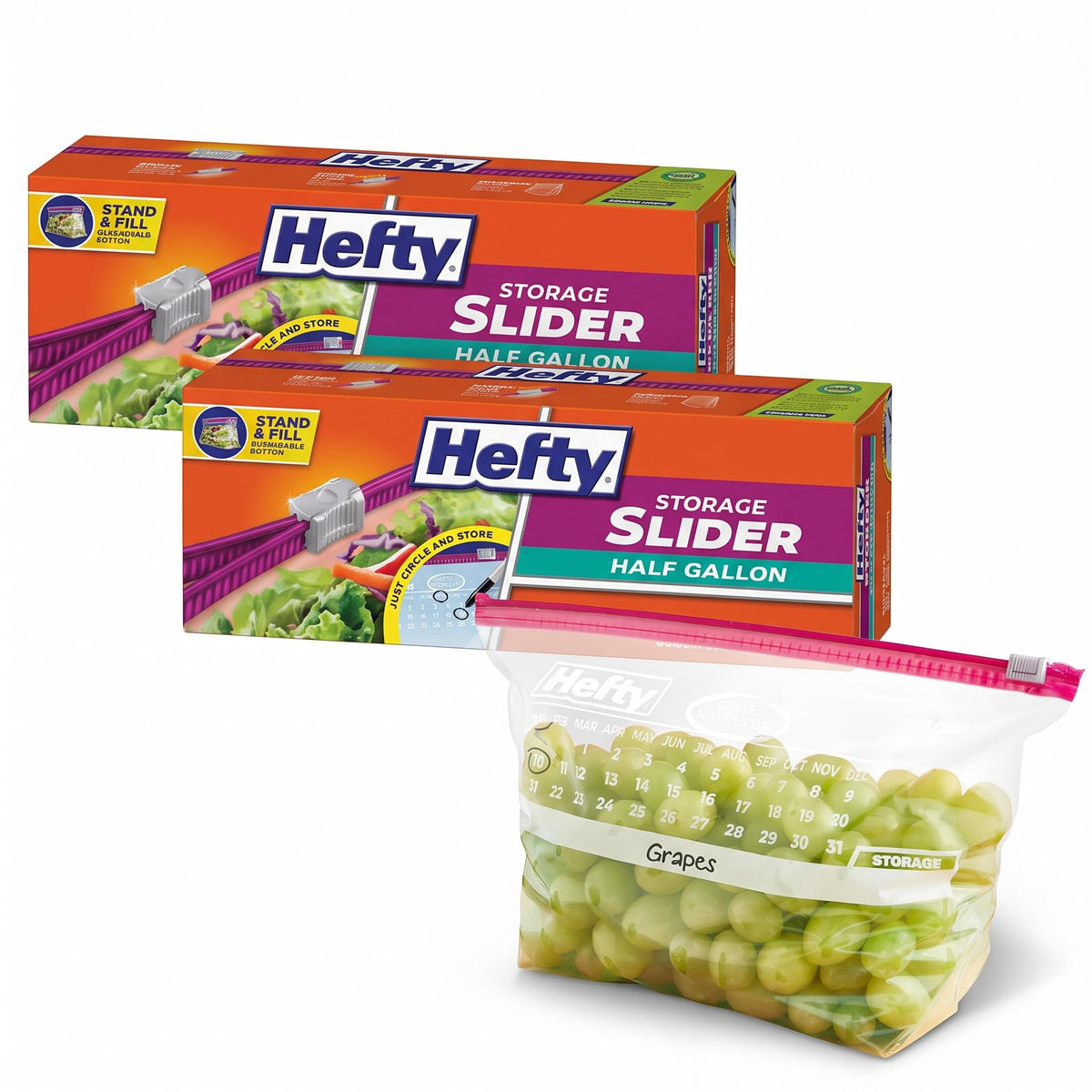 Hefty Calendar Slider Storage Bags, Half Gallon Size, 4pk, 32ct (128 Total)
