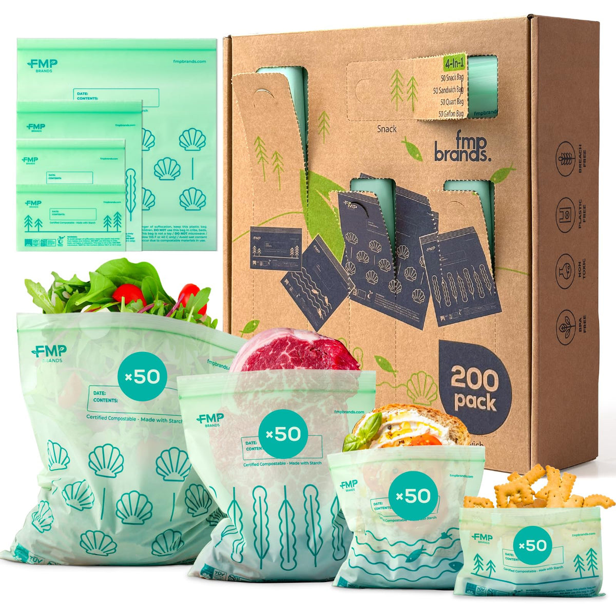 Fit Meal Prep 50 Pack 100% Compostable Food Storage Bags, 7 x 8" Resealable Freezer Bags Quart Size for Meat, Fruits, Plant-Based Sandwich Bag, ASTM D6400, US BPI & EU OK Compost Certified