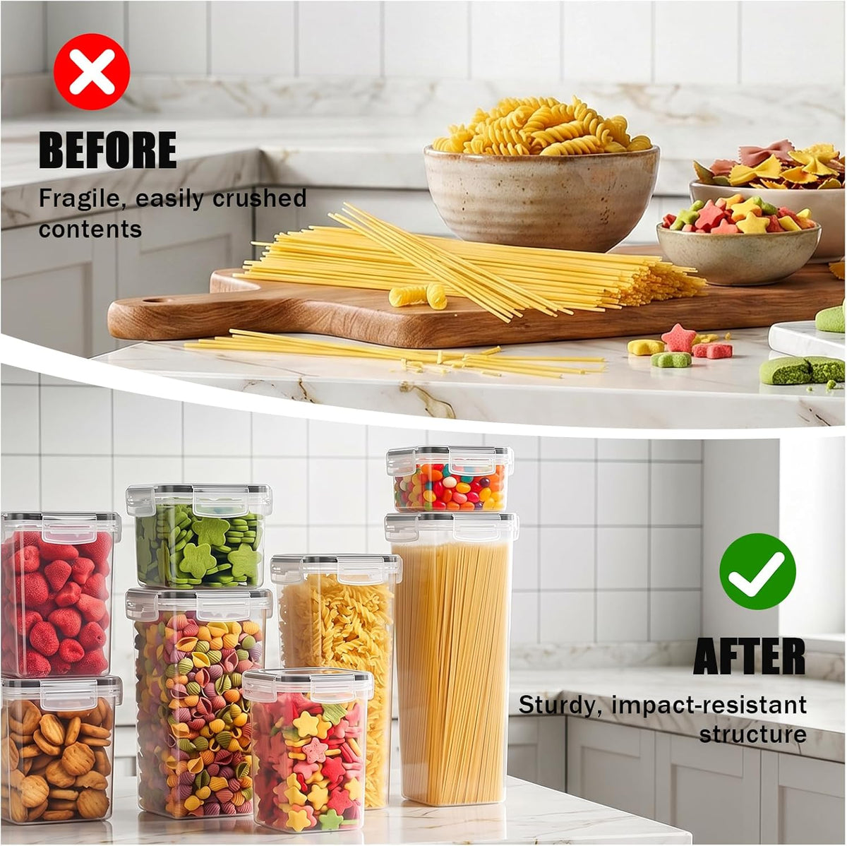24 PCS Airtight Food Storage Containers with Lids, Plastic Kitchen and Organization Canisters for Cereal, Dry Food, Flour and Sugar, BPA-Free, PVC-Free, Includes 24 Black Labels & Marker