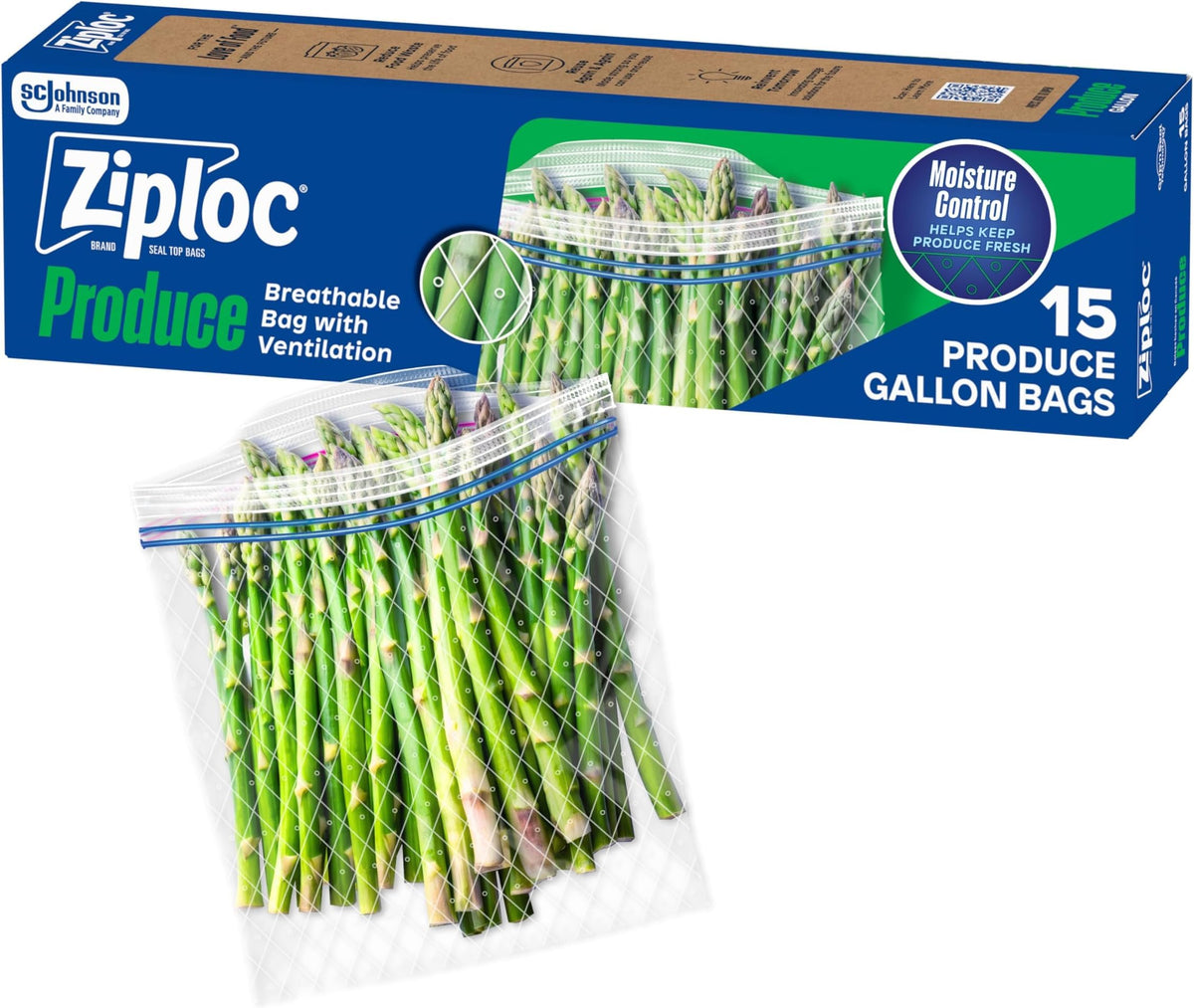 Ziploc Food Storage Produce Bags, Seal Top to Keep and Control Moisture, 50 Bags Total