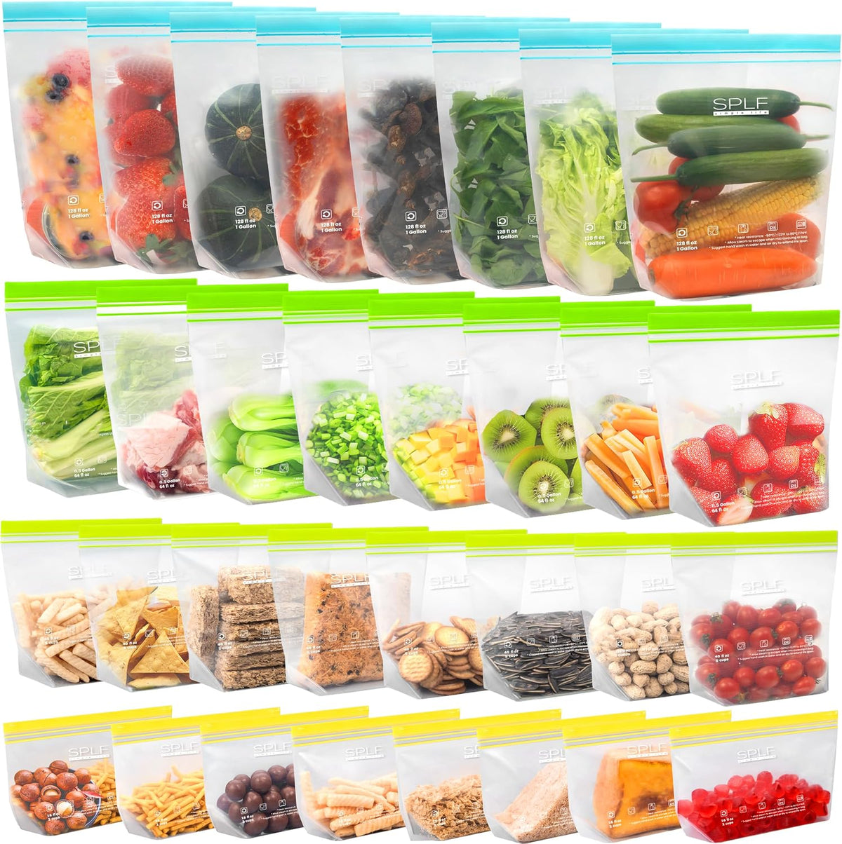SPLF 32 Pack Reusable Food Storage Bags Dishwasher Microwave Safe