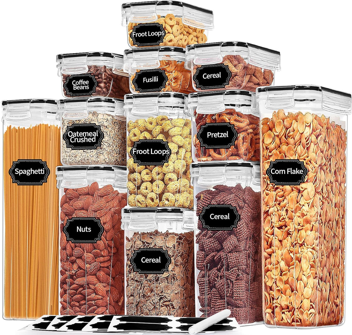 PRAKI Airtight Food Storage Containers with Lids, 12PCS Plastic Kitchen Storage Containers for Pantry Organizers and Storage - Cereal, Rice, Flour and Sugar Containers with Labels & Marker