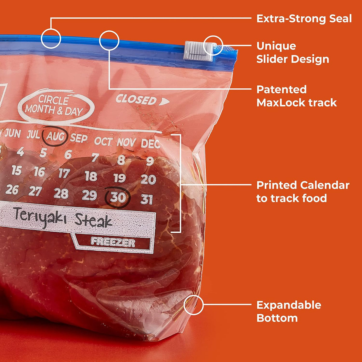 Hefty Calendar Slider Freezer Bags, Quart Size, 140ct