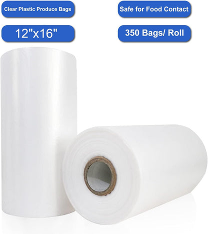 LabelMore 12'' x 16'' Plastic Produce Bags on a Roll, Clear, Food Storage Bags for Bread, Vegetable, Fruits and Meat, 350 Bags/Roll