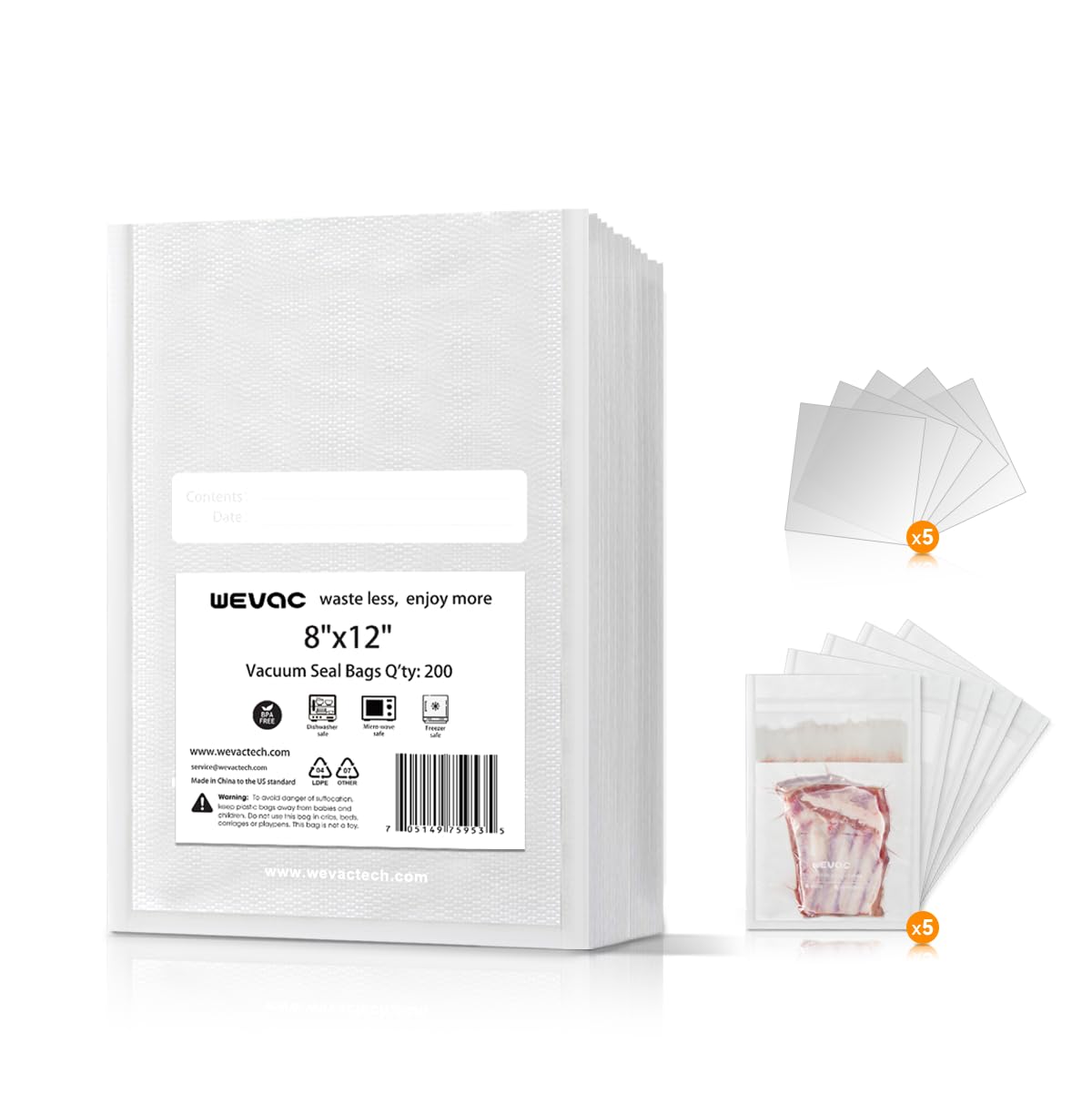 Wevac Vacuum Sealer Bags 8x12" 100 Quart for Food Saver Vacuum Seal machine