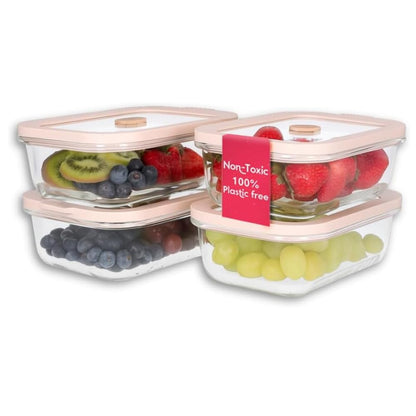 Non-Toxic Glass Food Containers with Lids, 4-Pack, 35 oz, Airtight, Beige