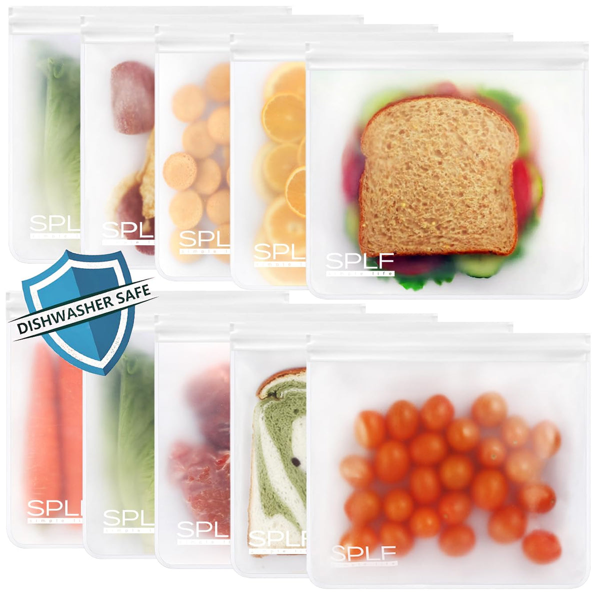 SPLF 12 Pack Dishwasher Safe Reusable Freezer Bags, Multicolor