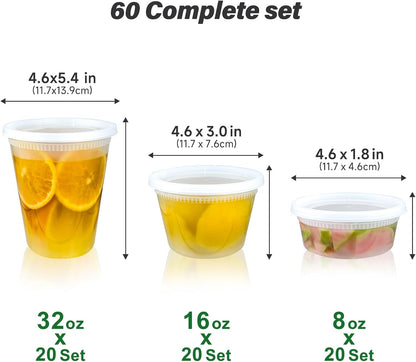 Dealusy 60 Set Deli Containers with Lids, 32/16/8 oz X 20 Set Each