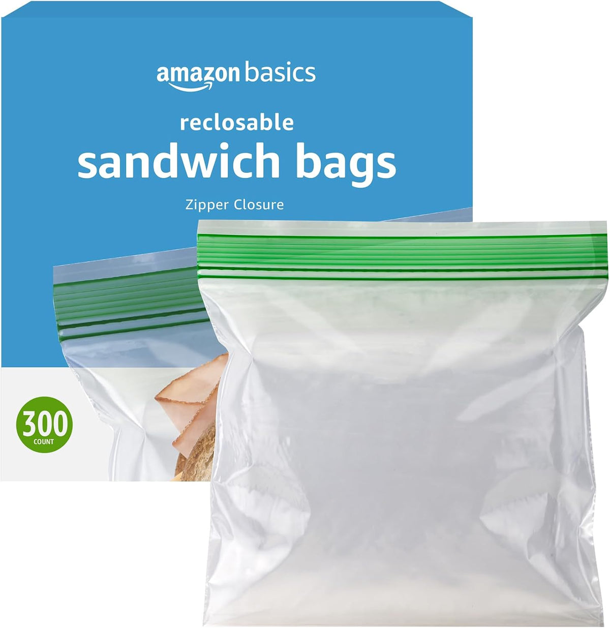 Amazon Basics Resealable Double Zipper Sandwich Storage Bags for Food Storage, 300 Count (Previously Solimo)