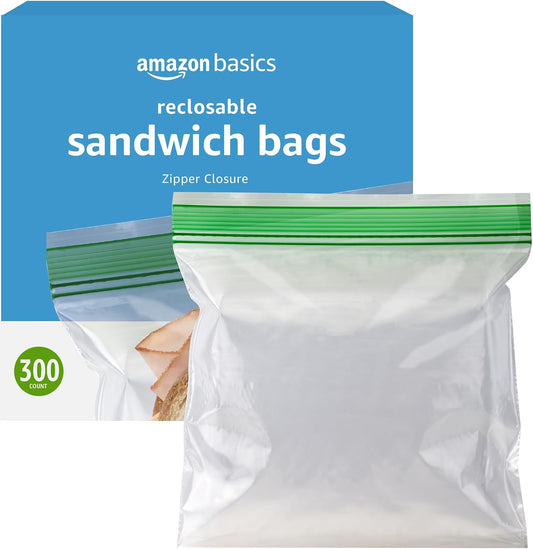 Amazon Basics Resealable Double Zipper Sandwich Storage Bags for Food Storage, 300 Count (Previously Solimo)