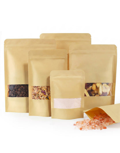 FireKylin 100 Pcs Resealable Paper Bags, Clear Window, Brown, 3.5" x 5.5"