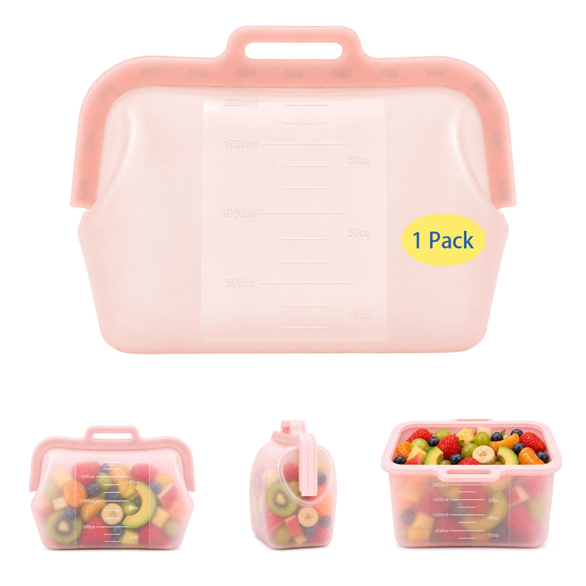 3 Pack Magnetic Seal Reusable Silicone Food Storage Bags, 68 fl oz, NUZEAK