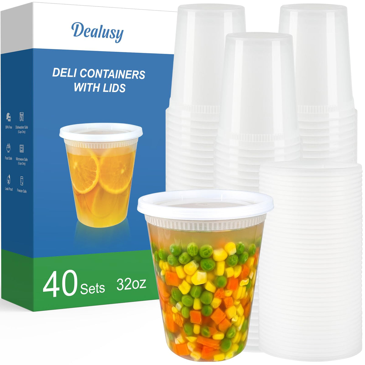 Dealusy 60 Set Deli Containers with Lids, 32/16/8 oz X 20 Set Each
