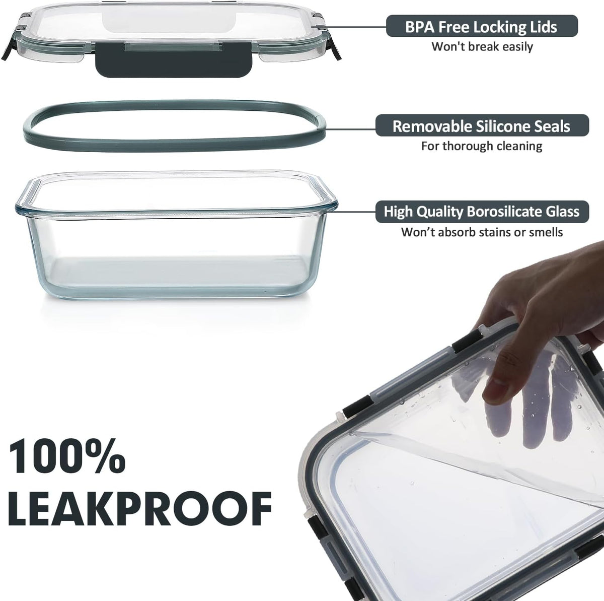 VERONES 30 Pieces Glass Food Storage Containers Set with Lids, Grey