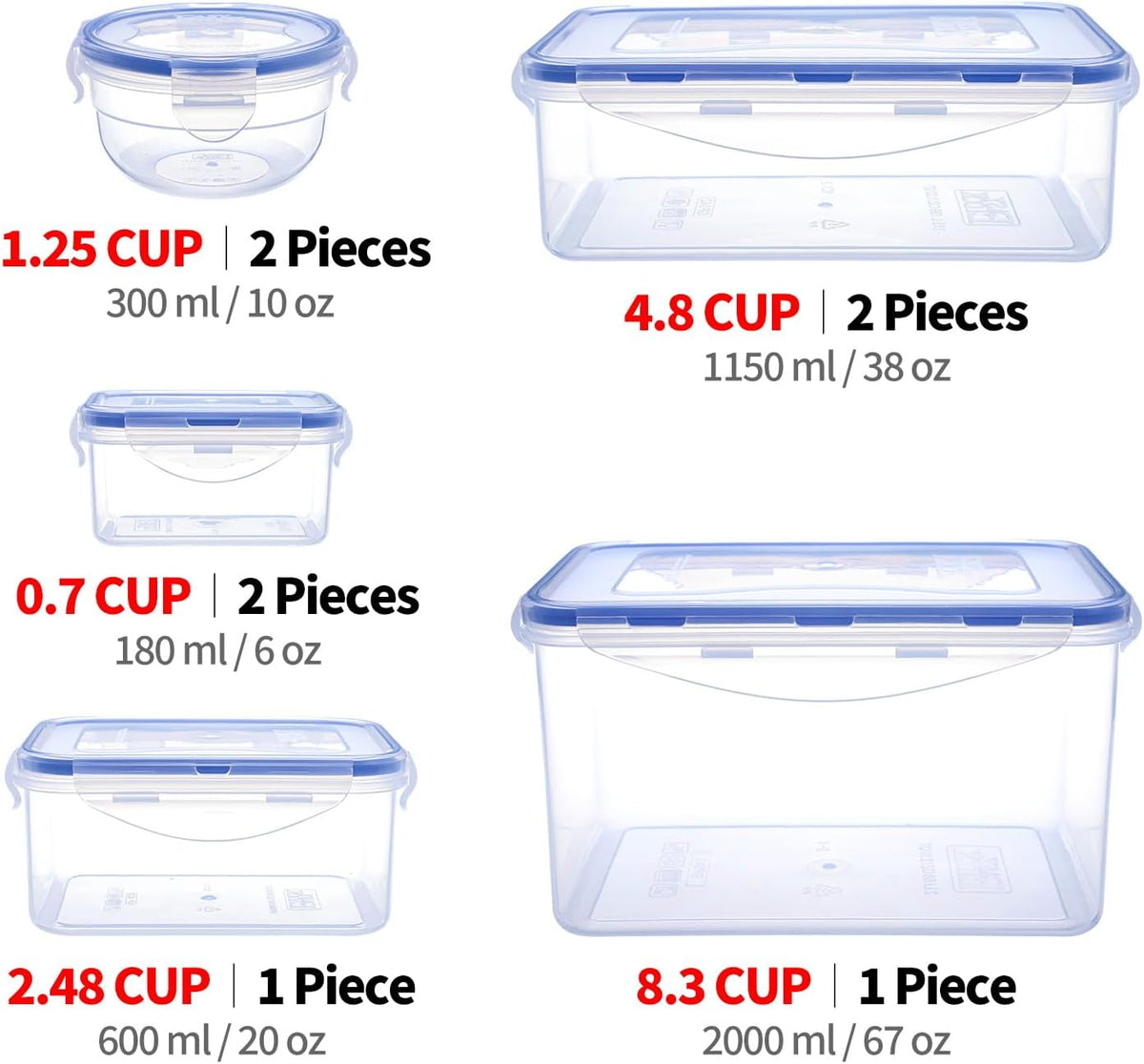 KIGI Food Storage Container Set, Airtight, Stackable, 0.7-8.3 Cup, 8 Pack