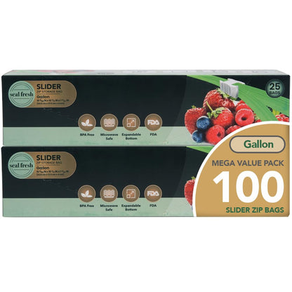 Seal Fresh Slider Storage Bags Variety Pack 145 Count — Pint, Quart, Gallon, 2 Gallon Sizes — Expandable Bottom, BPA Free, Microwave Safe, Freezer Safe