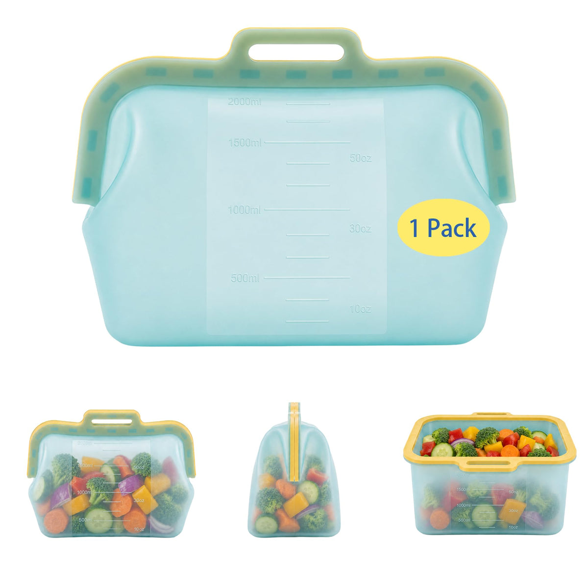 3 Pack Magnetic Seal Reusable Silicone Food Storage Bags, 68 fl oz, NUZEAK