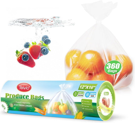 Teivio 360 Count 12" x 16" Plastic Produce Bags on A Roll, Clear Kitchen Disposable Plastic Food Storage Bags for Bread Fruit Vegetable and Meat