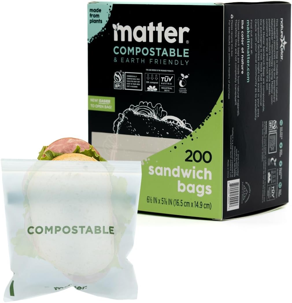 Matter Compostable Resealable Bags, Snack, Sandwich, Quart, Gallon 230 Ct
