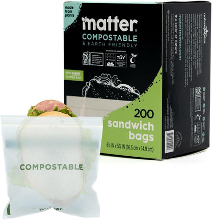 Matter Compostable Resealable Bags, Snack, Sandwich, Quart, Gallon 230 Ct